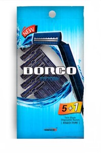 Dorco одноразовый станок, 5шт+1шт в ПОДАРОК.,  2 лезвия, фиксированная головка увл. полоса TG708-6P  48шт